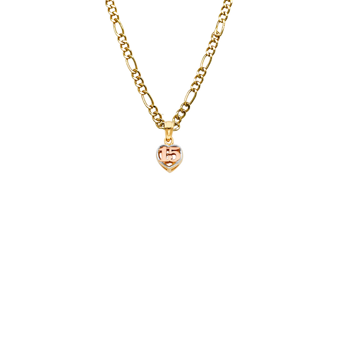 14k Quince Gold Necklace - Tri Tone Dainty Heart 15 Gold Pendant - Solid Chain - LE0370