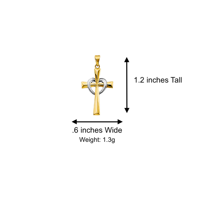 14k Gold Cross Necklace - Two Tone Heart Gold Cross - Solid Chain - LE2963