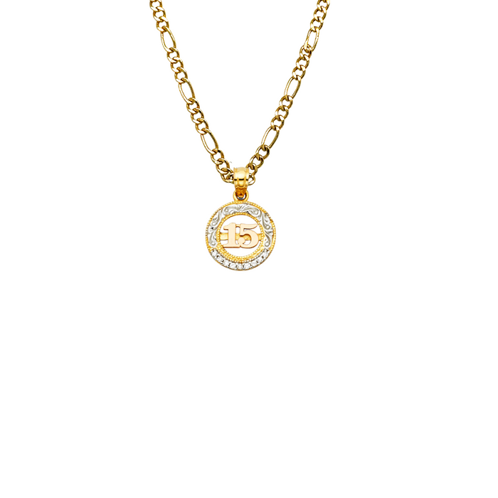 14k Quince Gold Necklace - Two Tone Round Gemstone 15 Gold Pendant - Solid Chain - LE1884