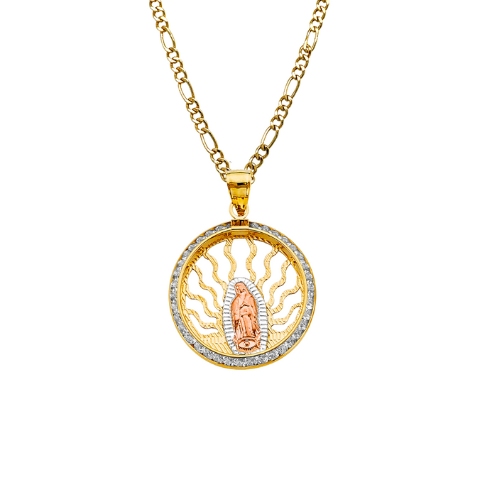 14k Gold Virgin Mary Necklace - Tri Tone Round Gemstone Virgin Mary Gold Pendant - Solid Chain - LE2721