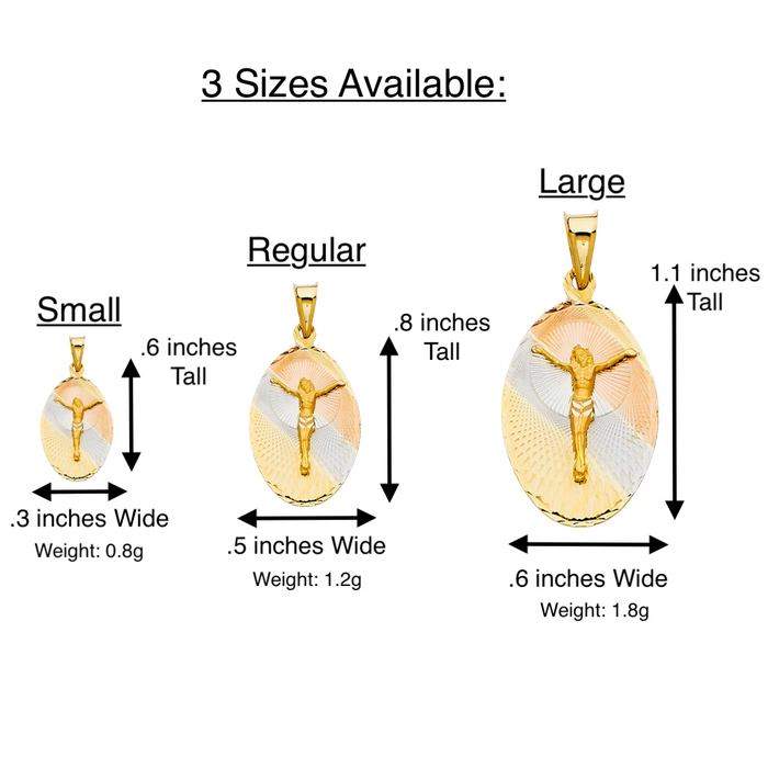 14k Gold Jesus Necklace - Tri Tone Oval Diamond Cut Jesus Gold Pendant - Solid Chain - LE0324