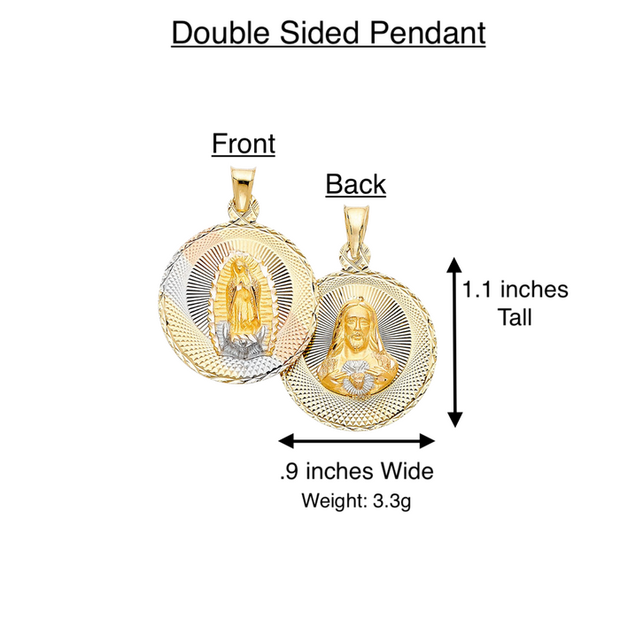 14k Gold Virgin Mary Necklace - Tri Tone Diamond Cut Double Sided Virgin Mary Sacred Heart Gold Pendant - Solid Chain - LE0311