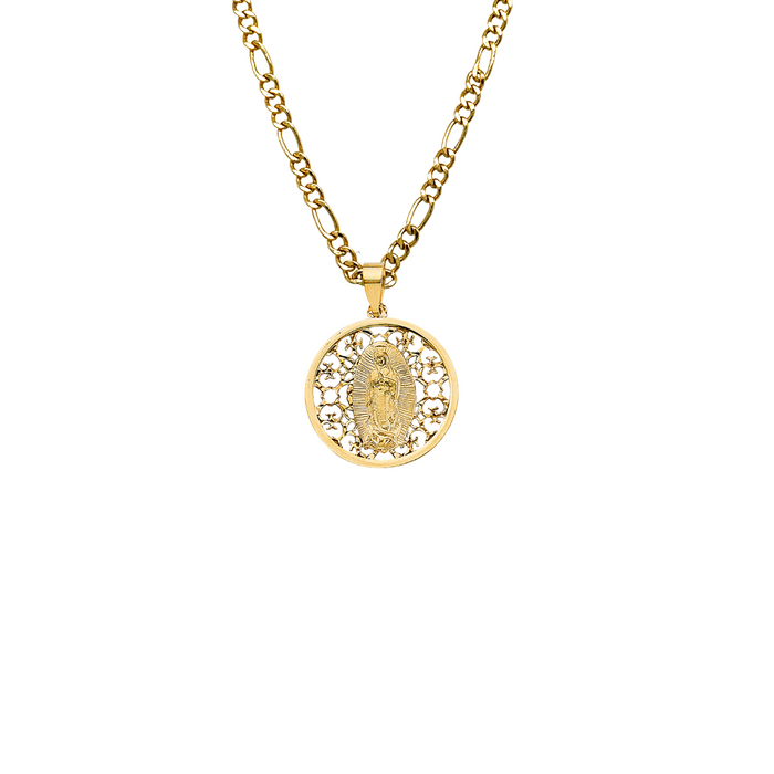14k Gold Virgin Mary Necklace - Round Virgin Mary Gold Pendant - Solid Chain - LE3069