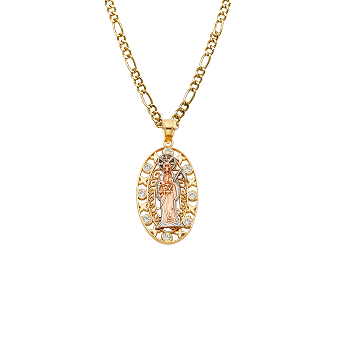 14k Gold Santa Muerte Necklace - Tri Tone Gemstone Oval Santa Muerte Gold Pendant - Solid Chain - LE1163