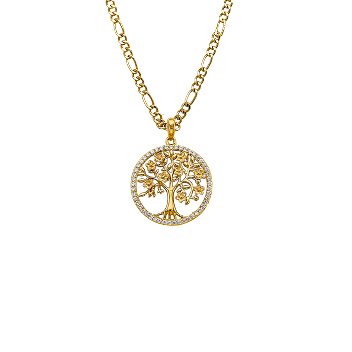 14k Gold Mom Necklace - Two Tone Round Gemstone Gold Pendant - Solid Chain - LE2704