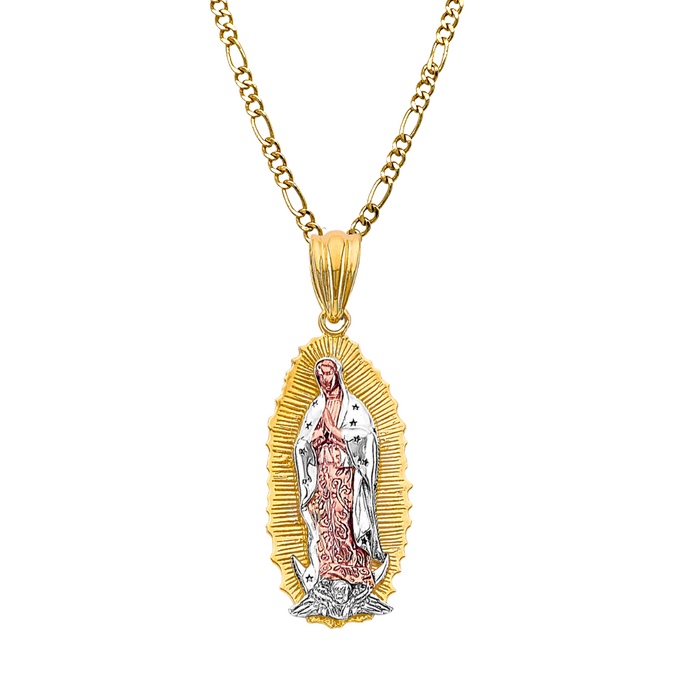 14k Gold Virgin Mary Necklace - Large Tri Tone Virgin Mary Gold Pendant - Solid Chain - LE3177