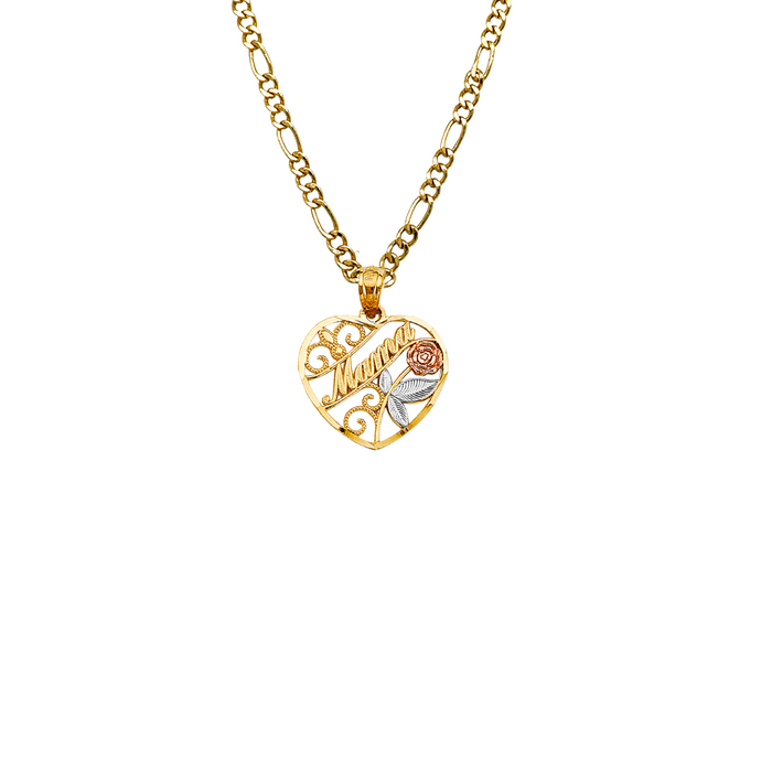 14k Gold Mom Necklace - Tri Tone Flower Heart Mama Gold Pendant - Solid Chain - LE2691