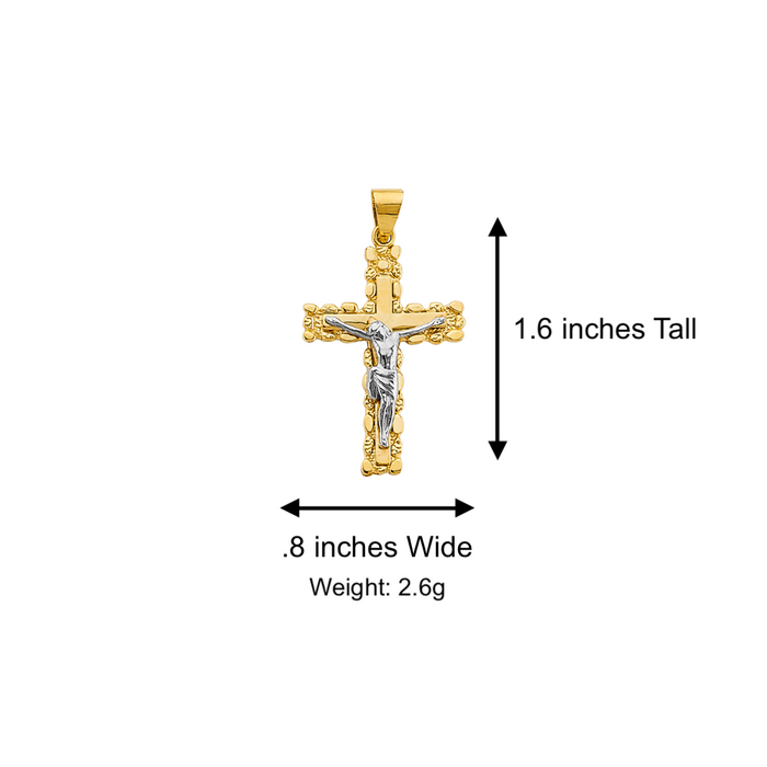 14k Gold Cross Necklace - Two Tone Nugget Edge Design Gold Crucifix - Solid Figaro Chain - LE2946