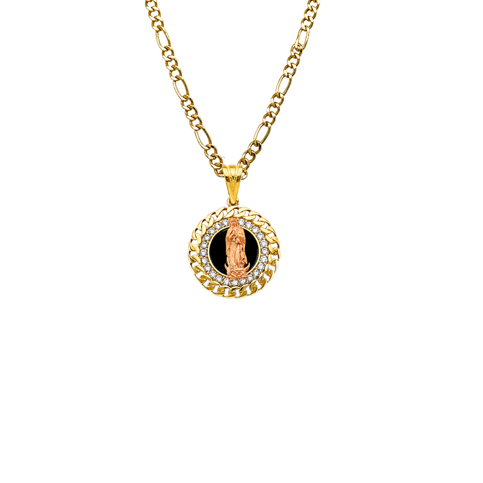 14k Gold Virgin Mary Necklace - Cuban Link Gemstone Bezel Virgin Mary Gold Pendant - Solid Chain - LE2815