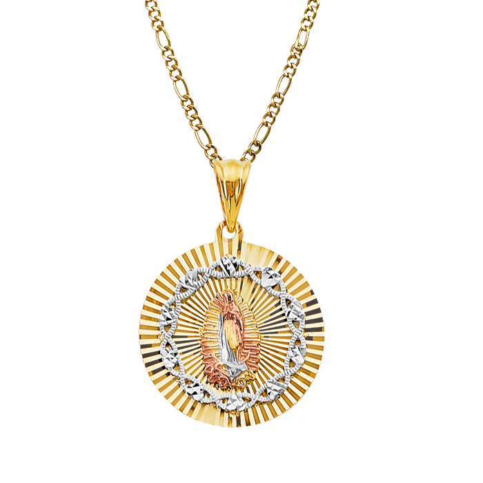 14k Gold Virgin Mary Necklace - Large Two Tone Diamond Cut Virgin Mary Gold Pendant - Solid Chain - LE3199