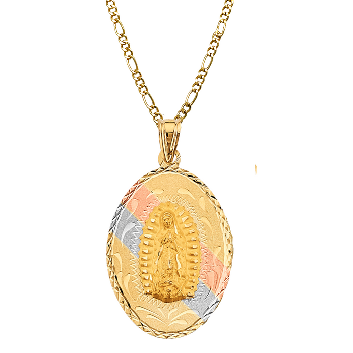 14k Gold Virgin Mary Necklace - XLarge Tri Tone Double Sided Oval Virgin Mary Sacred Heart Gold Pendant - Solid Chain - LE3144