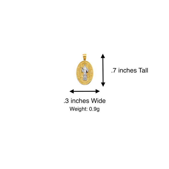 14k Gold Medalla San Benito - Two Tone Dainty Oval San Benito Gold Pendant - Solid Chain - LE2874