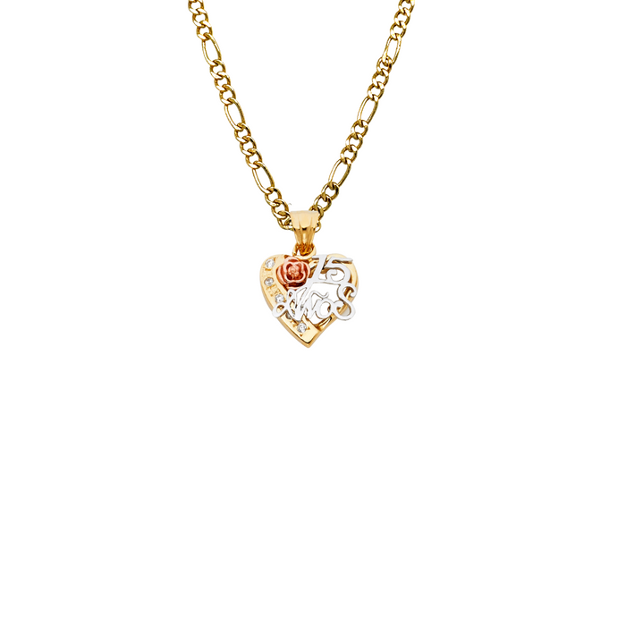 14k Quince Gold Necklace - Tri Tone Gemstone Heart 15 Gold Pendant - Solid Chain - LE1866