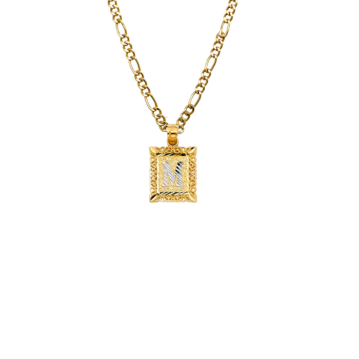 14k Gold Initial Necklace - Two Tone Square Initial Gold Pendant - Solid Figaro Chain - LE2051FC