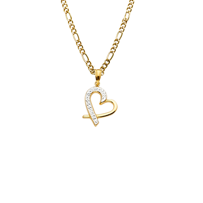 14k Gold Heart Necklace - Two Tone Diamond Cut Gold Heart Pendant - Solid Chain - LE2368