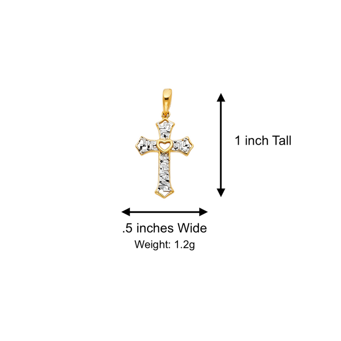 14k Gold Cross Necklace - Two Tone Heart Gold Cross - Solid Chain - LE0761