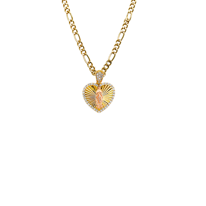 14k Gold Virgin Mary Necklace - Diamond Cut Heart Gemstone Virgin Mary Gold Pendant - Solid Chain - LE2951