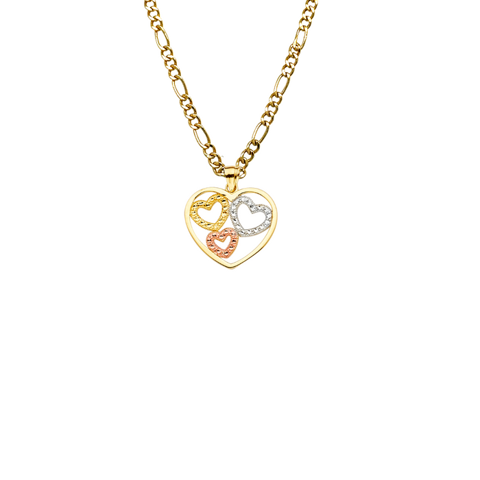 14k Gold Heart Necklace - Tri Tone Gold Hearts Pendant - Solid Chain - LE2367