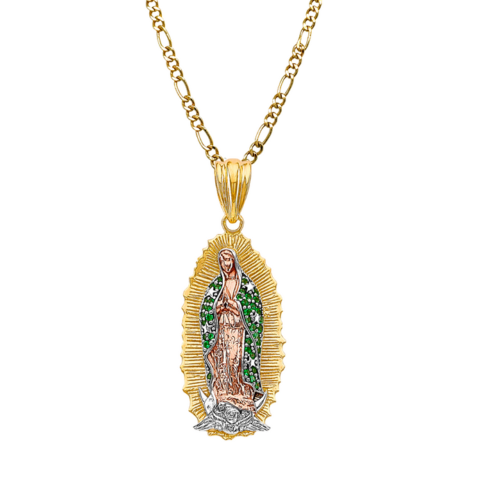 14k Gold Virgin Mary Necklace - Large Tri Tone Green Gemstone Virgin Mary Gold Pendant - Solid Chain - LE3183