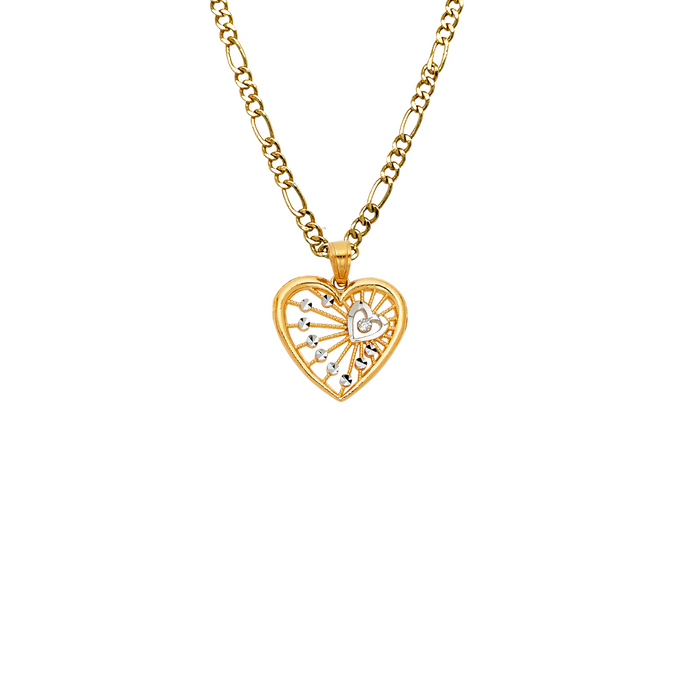 14k Gold Heart Necklace - Two Tone Diamond Cut Gold Heart Pendant - Solid Chain - LE0427