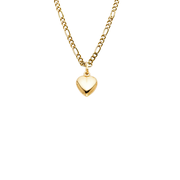 14k Gold Heart Necklace - High Polish Heart Gold Pendant - Solid Chain - LE0445