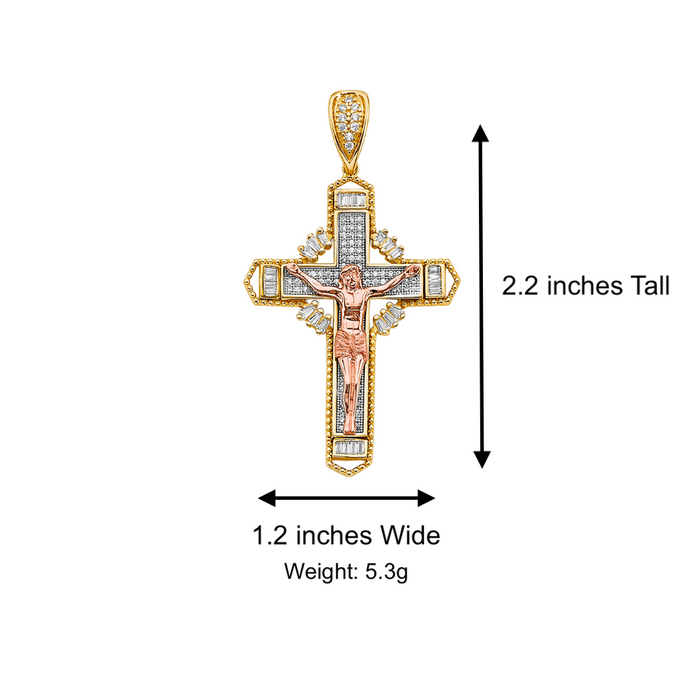 14k Gold Cross Necklace - Tri Tone Gemstone Large Gold Crucifix - Solid Figaro Chain - LE3045