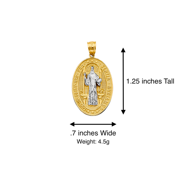 14k Gold Medalla San Benito - Two Tone Oval San Benito Gold Pendant - Solid Chain - LE2876