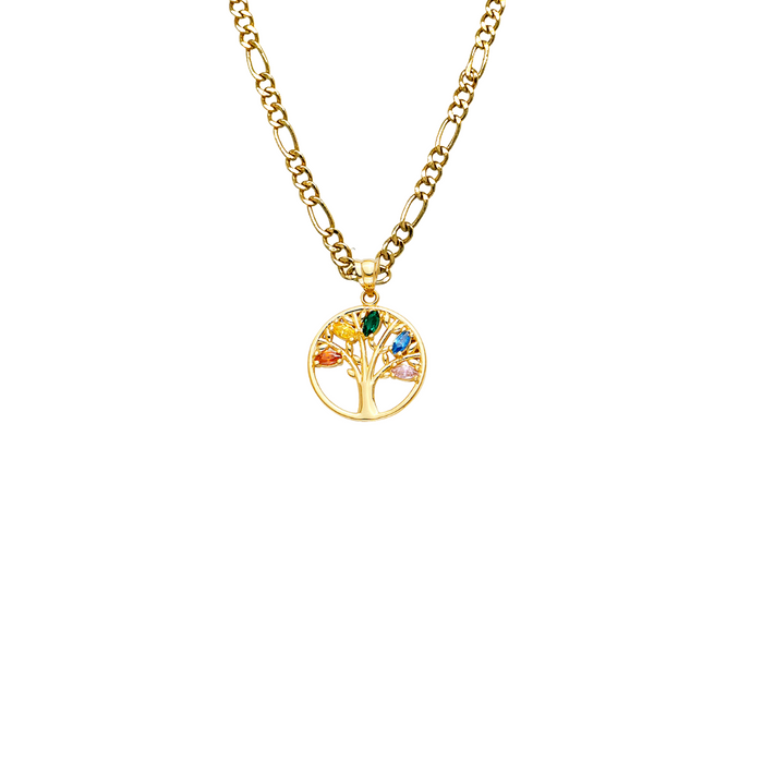 14k Gold Mom Necklace - Family Tree of Life Colored Gemstone Gold Pendant - Solid Chain - LE2541