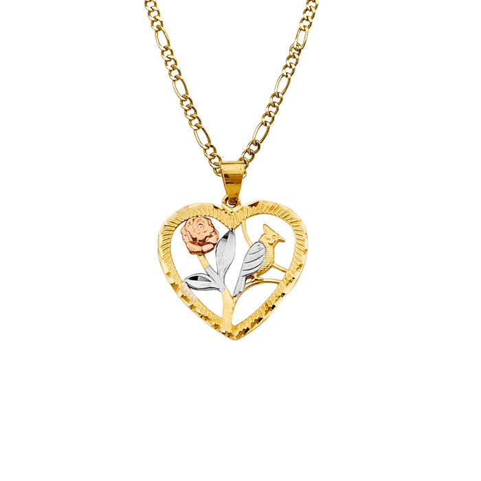 14k Gold Heart Necklace - Tri Tone Bird Flower Gold Heart Pendant - Solid Chain - LE2927