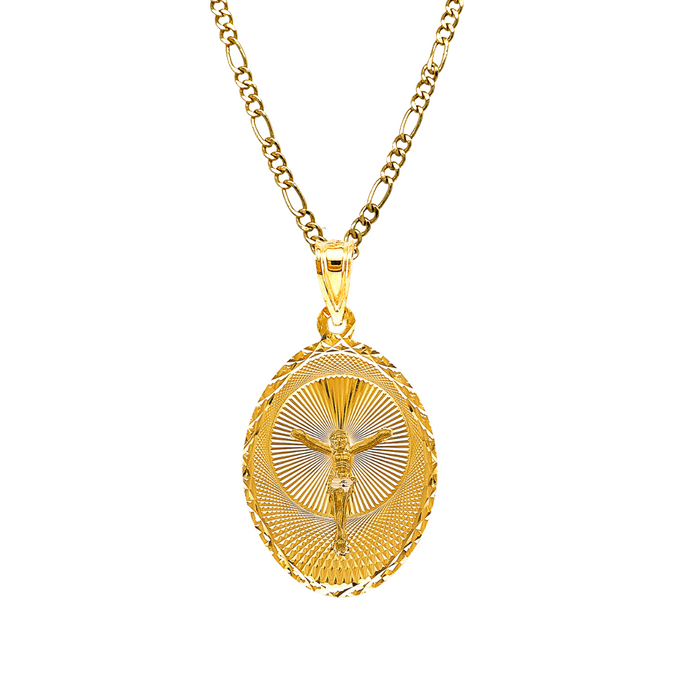 14k Gold Jesus Necklace - Diamond Cut Oval Jesus Gold Pendant - Solid Chain - LE2884