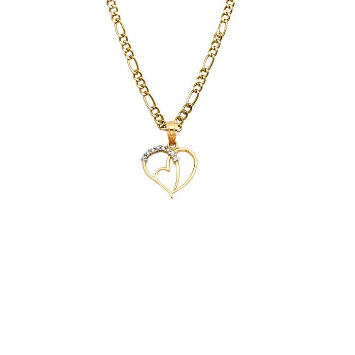 14k Gold Heart Necklace -  Double Gemstone Gold Heart Pendant - Solid Chain - LE1777