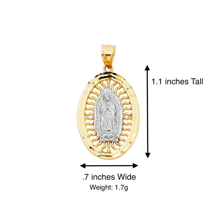 14k Gold Virgin Mary Necklace - Two Tone Radiant Oval Virgin Mary Gold Pendant - Solid Chain - LE1102