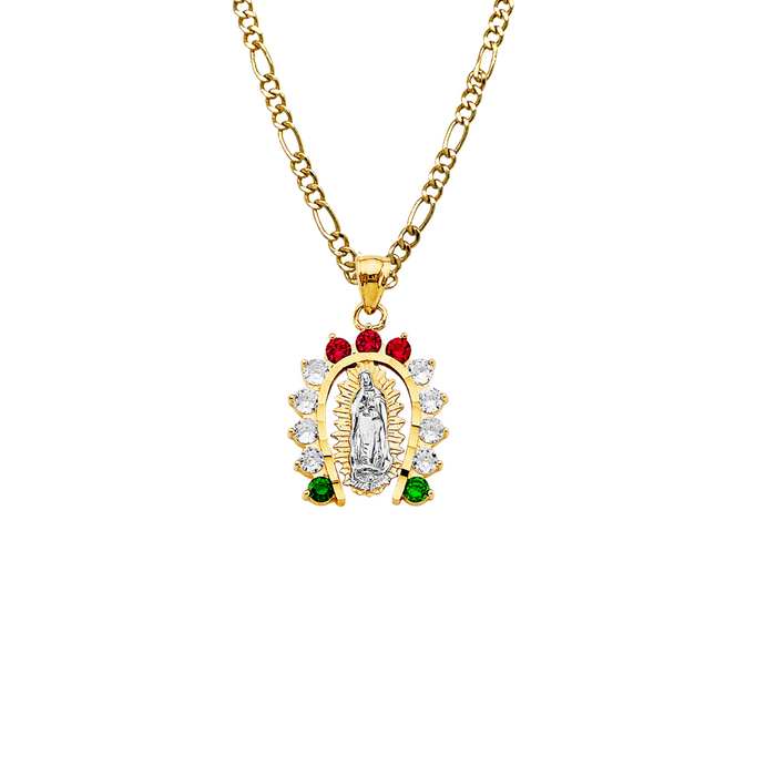 14k Gold Virgin Mary Necklace - Colored Gemstone Horseshoe Virgin Mary Gold Pendant - Solid Chain - LE2950