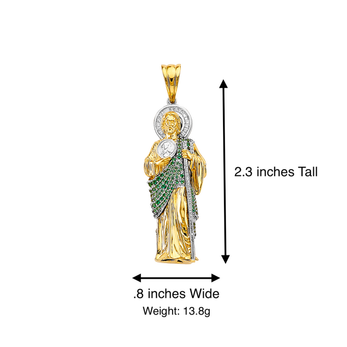 14k Gold San Judas Chain - Large 3D Full Body Green Gemstone  Gold San Judas Pendant - Solid Chain - LE3167