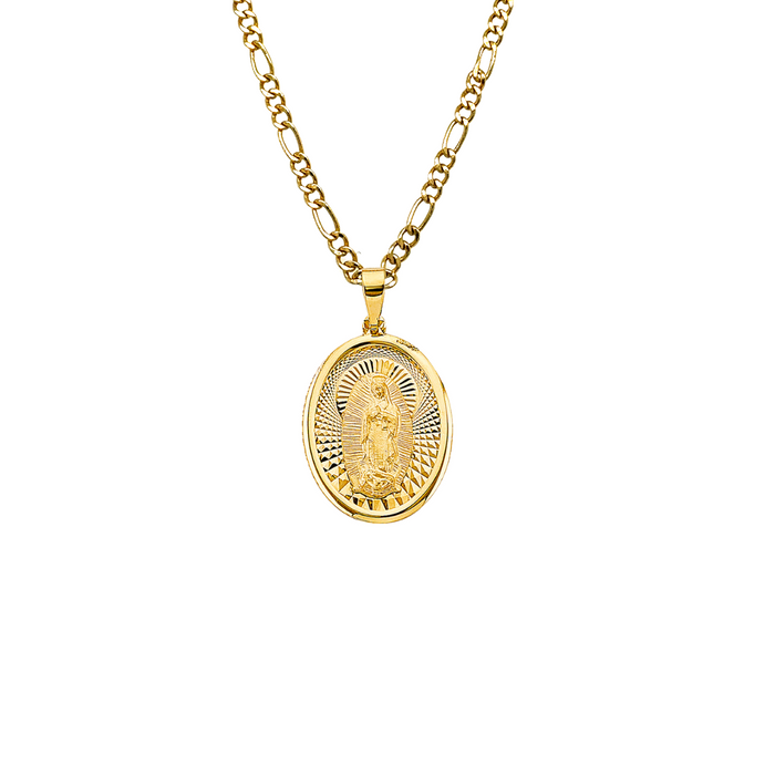 14k Gold Virgin Mary Necklace - Diamond Cut Oval Virgin Mary Gold Pendant - Solid Chain - LE3063