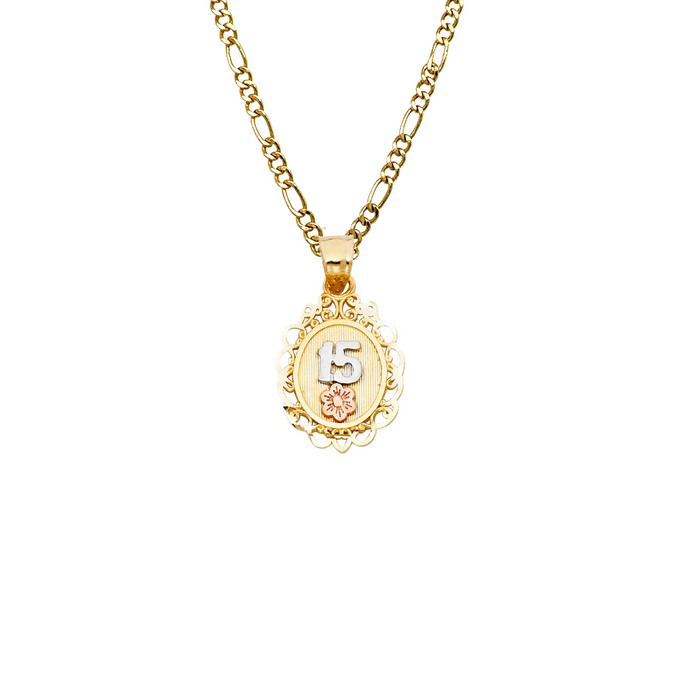 14k Quince Gold Necklace - Tri Tone Flower 15 Gold Pendant - Solid Chain - LE0371
