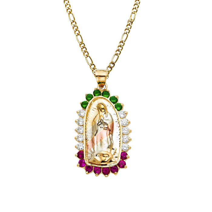 14k Gold Virgin Mary Necklace - Tri Color Gemstone Virgin Mary Gold Pendant - Solid Chain - LE1073