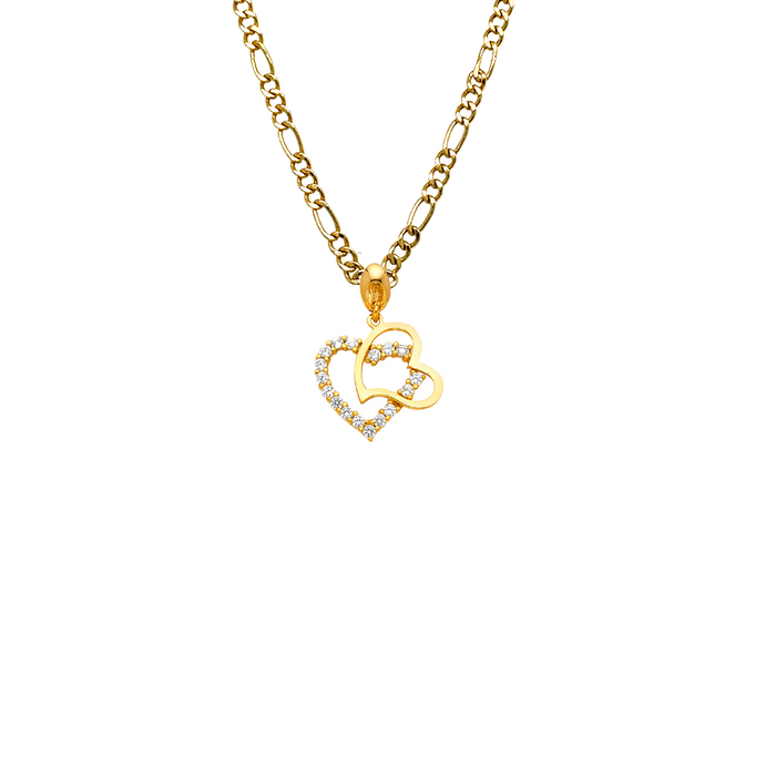 14k Gold Heart Necklace -  Double Gemstone Gold Heart Pendant - Solid Chain - LE1774