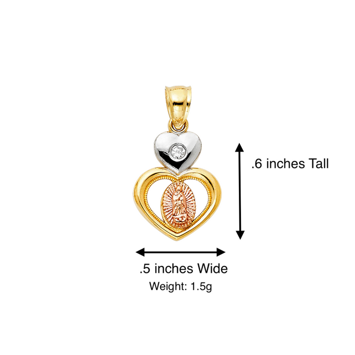 14k Gold Virgin Mary Necklace - Tri Tone Heart Gemstone Virgin Mary Gold Pendant - Solid Chain - LE1127