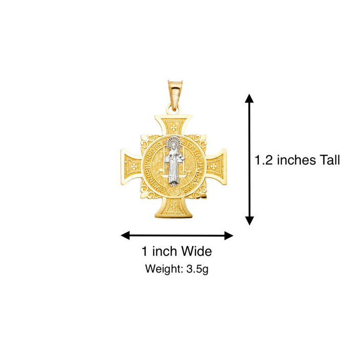 14k Gold Medalla San Benito - Two Tone San Benito Cross Gold Pendant - Solid Chain - LE0103