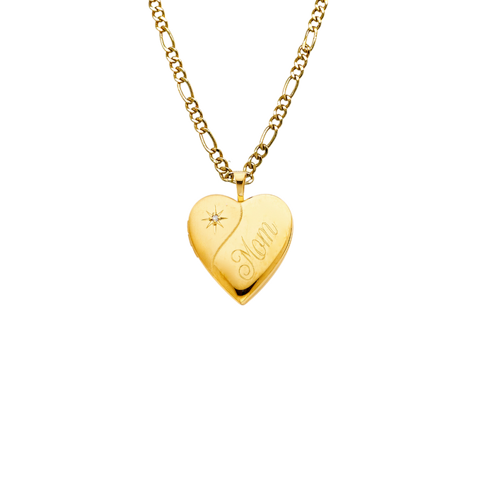 14k Gold Mom Necklace - Mom Heart Gemstone Picture Locket Gold Pendant - Solid Chain - LE2028