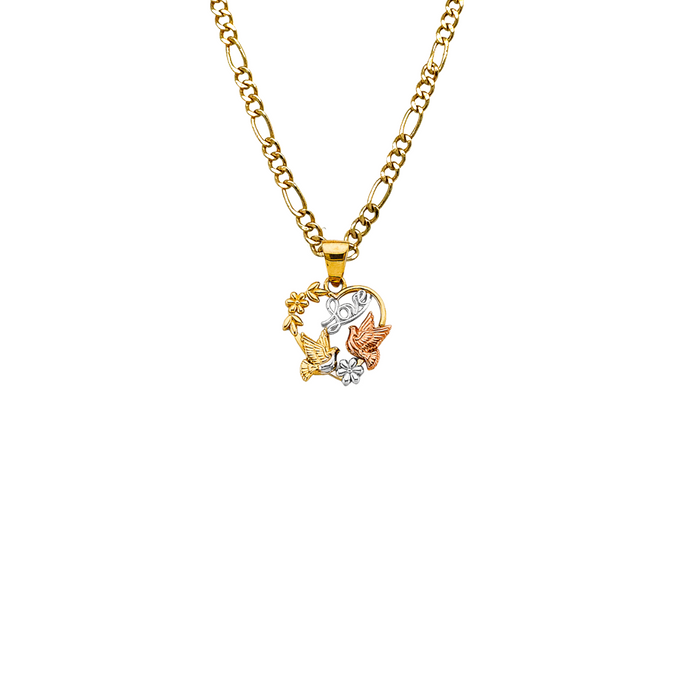 14k Gold Heart Necklace - Tri Tone Love Birds Gold Heart Pendant - Solid Chain - LE2644