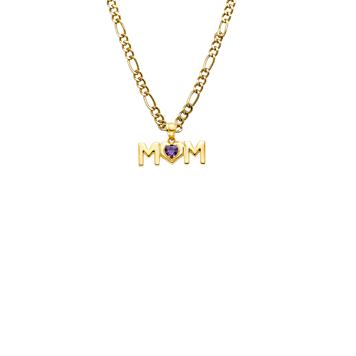 14k Gold Mom Necklace - Mom Gemstone Heart Gold Pendant - Solid Chain - LE2543