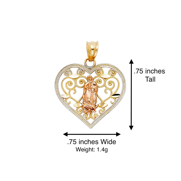 14k Gold Virgin Mary Necklace - Two Tone Heart Virgin Mary Gold Pendant - Solid Chain - LE0386