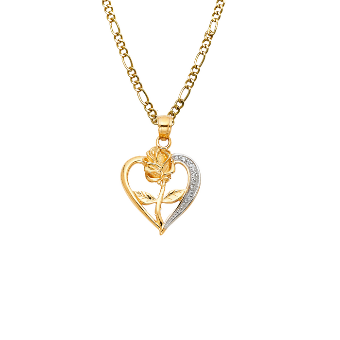 14k Gold Heart Necklace - Rose Flower Gemstone Gold Heart Pendant - Solid Chain - LE1944