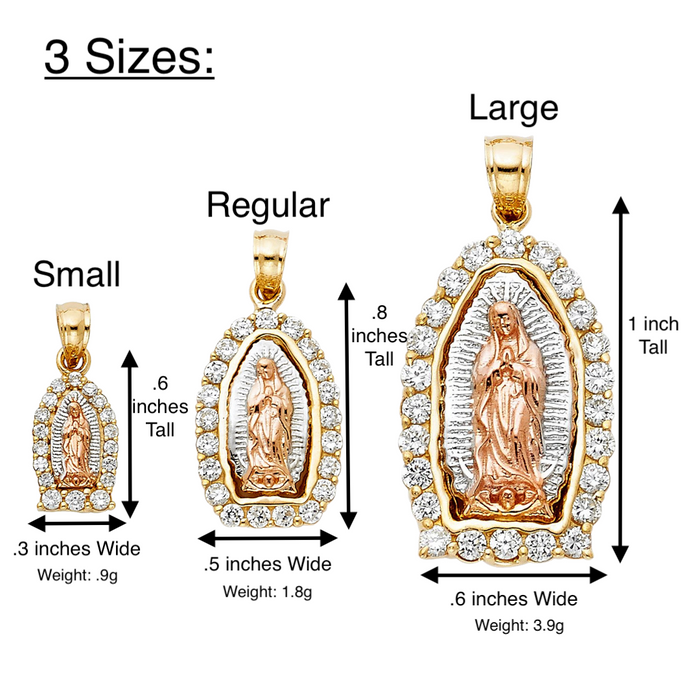 14k Gold Virgin Mary Necklace - Tri Color Gemstone Bezel Virgin Mary Gold Pendant - Solid Chain - LE0392