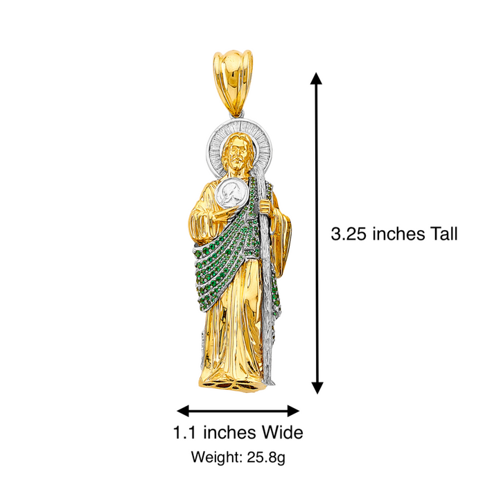 14k Gold San Judas Chain - XLarge 3D Full Body Green Gemstone Gold San Judas Pendant - Solid Chain - LE3168