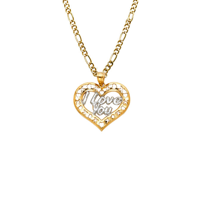 14k Gold Heart Necklace - I Love You Two Tone Gold Heart Pendant - Solid Chain - LE1818