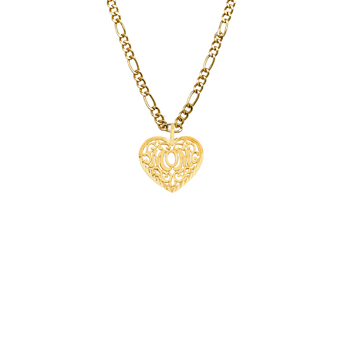 14k Gold Mom Necklace - Fancy Mom Heart Gold Pendant - Solid Chain - LE1831