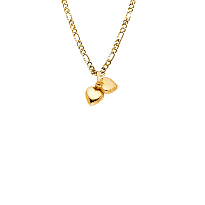 14k Gold Heart Necklace - Two High Polish Dainty Hearts Gold Pendant - Solid Chain - LE0447